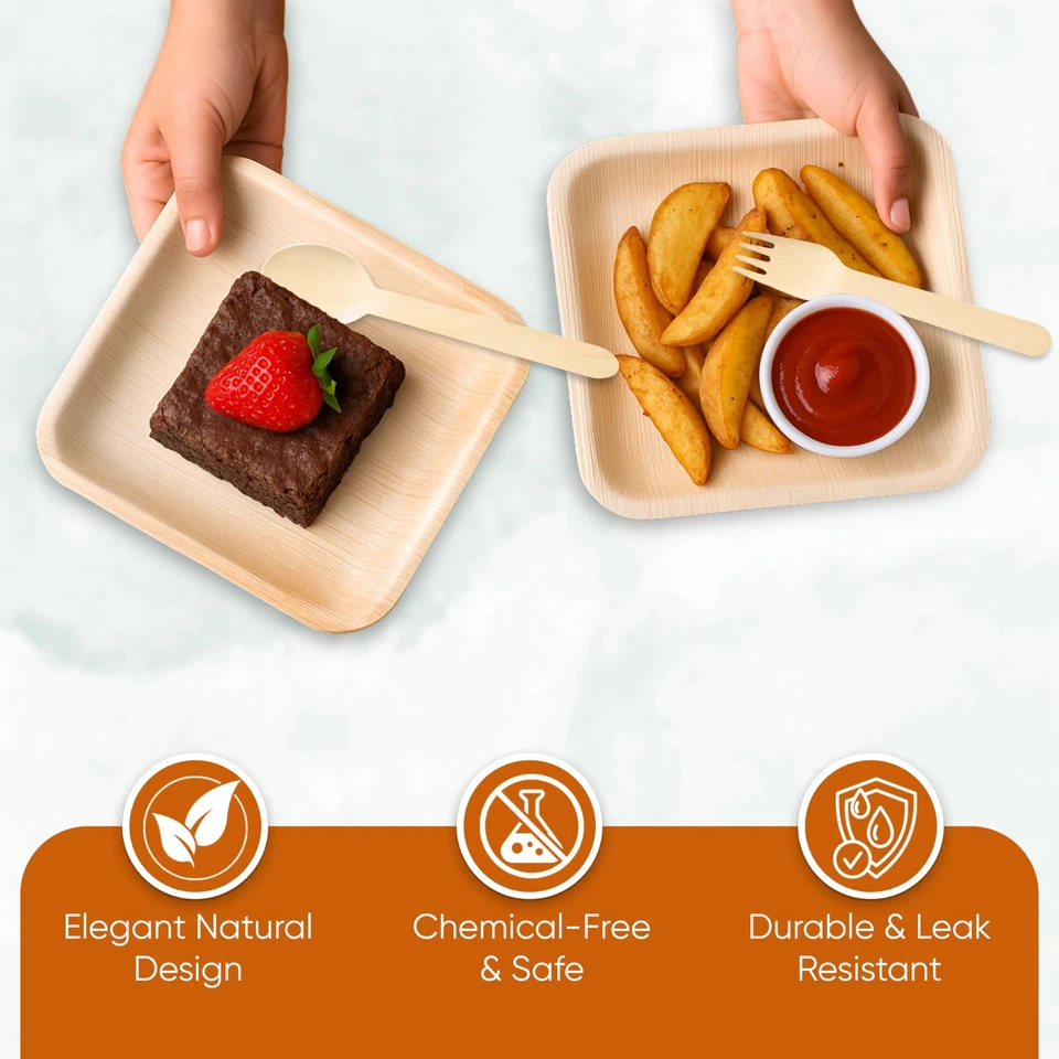 Square Plates with Wooden Utensils, 6 Inch, Palm Leaf, 100 Count. Includes 10... - Image 3 of 4