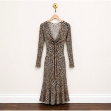 Mango MNG Leopard Print Long Sleeve V-Neck Knot Front Midi Dress Tan Black XS