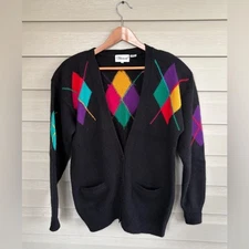 SILVERCORD true vintage colorful argyle cardigan sweater lambswool & angora sz M