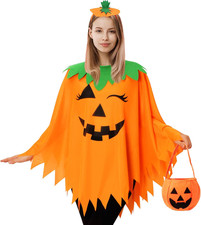 KOFECIT 3 PCS Halloween Pumpkin Poncho for Women,Pumpkin Cape Costume with Headb