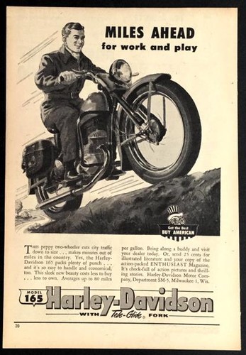 1953 Harley Davidson 165 *Miles Ahead for Work and Play* vintage AD