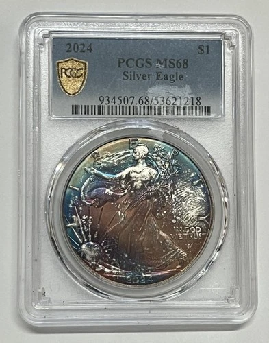 2024 999 Silver Eagle $1 1ozt Coin PCGS MS68 Monster Rainbow Toning