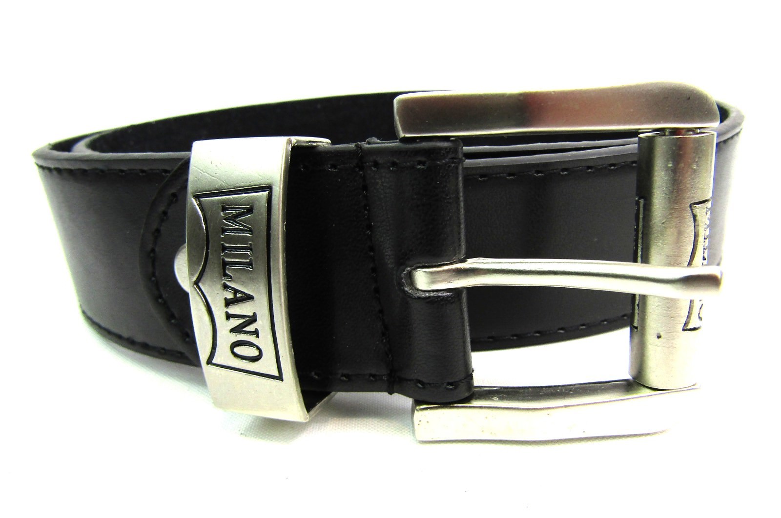 MENS BLACK HIGH QUALITY LEATHER BELT SILVER BUCKLE DESIGNED BY MILANO