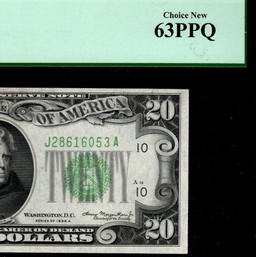 $20 BILL 1934A Kansas City FRN Fr J 2055 JA Block PCGS 63 PPQ Choice New - Afbeelding 1 van 4