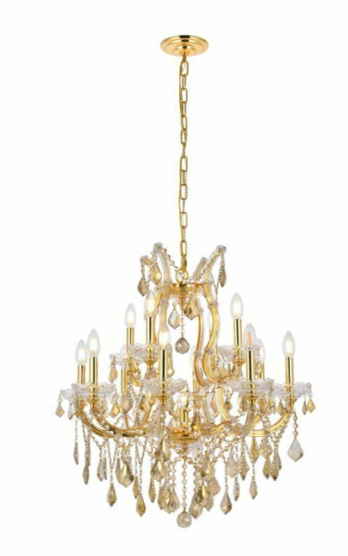 Golden Teak Crystal Chandelier Gold Frame Foyer or Dining Room 13 Light Fixture