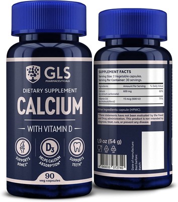 Calcium Supplement for Adults 600 MG w/ Vitamin D3 Advanced Absorption VEGAN 90c