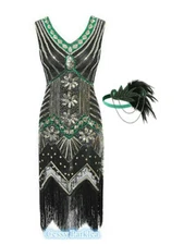 Deluxe Ladies Green Black 1920s Roaring 20s Flapper Gatsby Costume Sequins  6-20