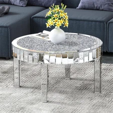 Glam Mirrored Coffee Table Round Silver Accent Table w/ Dazzling Diamonds Inlay