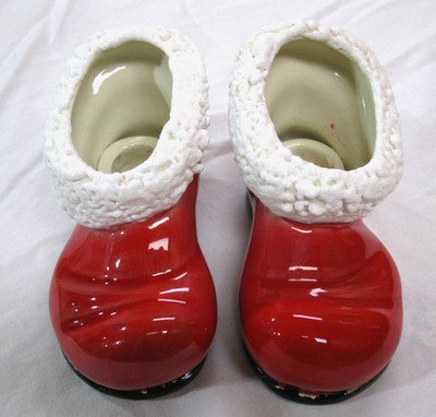 Santa Claus Boot Christmas Candle Holder Set 1970 s Ceramic Vintage Holiday