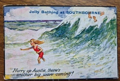 1919 Jolly Bathing at Southbourne Tuck s Oilette Comic Postkarte Beeil dich Tante