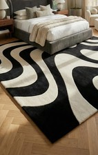 Tappeto nero e avorio trapuntato a mano - tappeto moderno in lana, tappeto contemporaneo di lusso