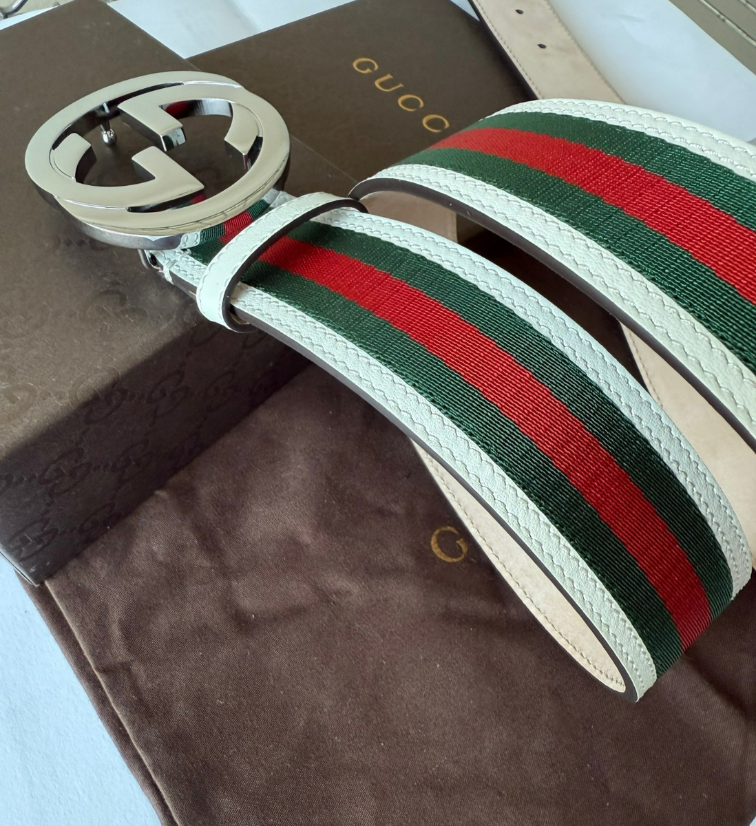 Gucci GG Interlocking Red, Green, White Stripe Leather Belt Size