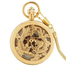 Gold Dragon  Phoenix Automatic Pocket Watch Copper Case Snake Chain Included