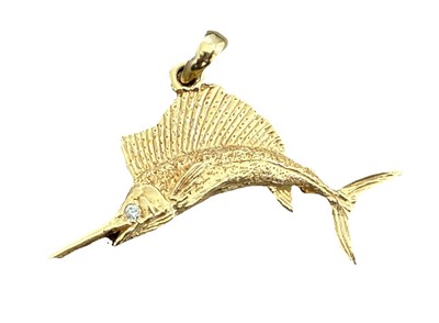 14K Vintage Handarbeit Segelfisch mit natürlichem Diamant Auge Anhänger