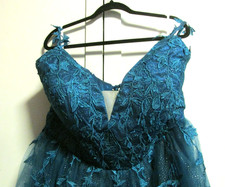 NWT AO YAN Aqua Blue Formal Dress Spaghetti Strap Leaves Shiny 3 Layer Skirt 20W