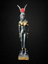 Black Hathor Egyptian Goddess Statue with Sun Disk and Cow Horns