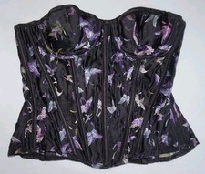 Fredricks Black Purple Butterfly Lace Up Corset Bustier Underwire Bra 34 Zipper