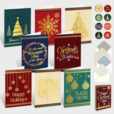 16 Pack Gold Foil Embossed 5X7In Merry Christmas Cards with Envelopes and Sticke