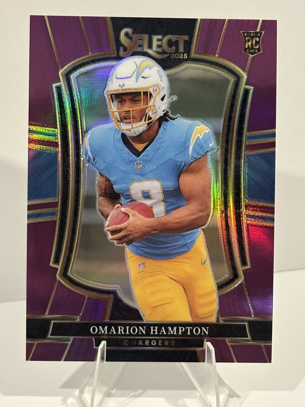 2025 Panini Select #102 Omarion Hampton Purple Prizm Premier Level RC #'d/75