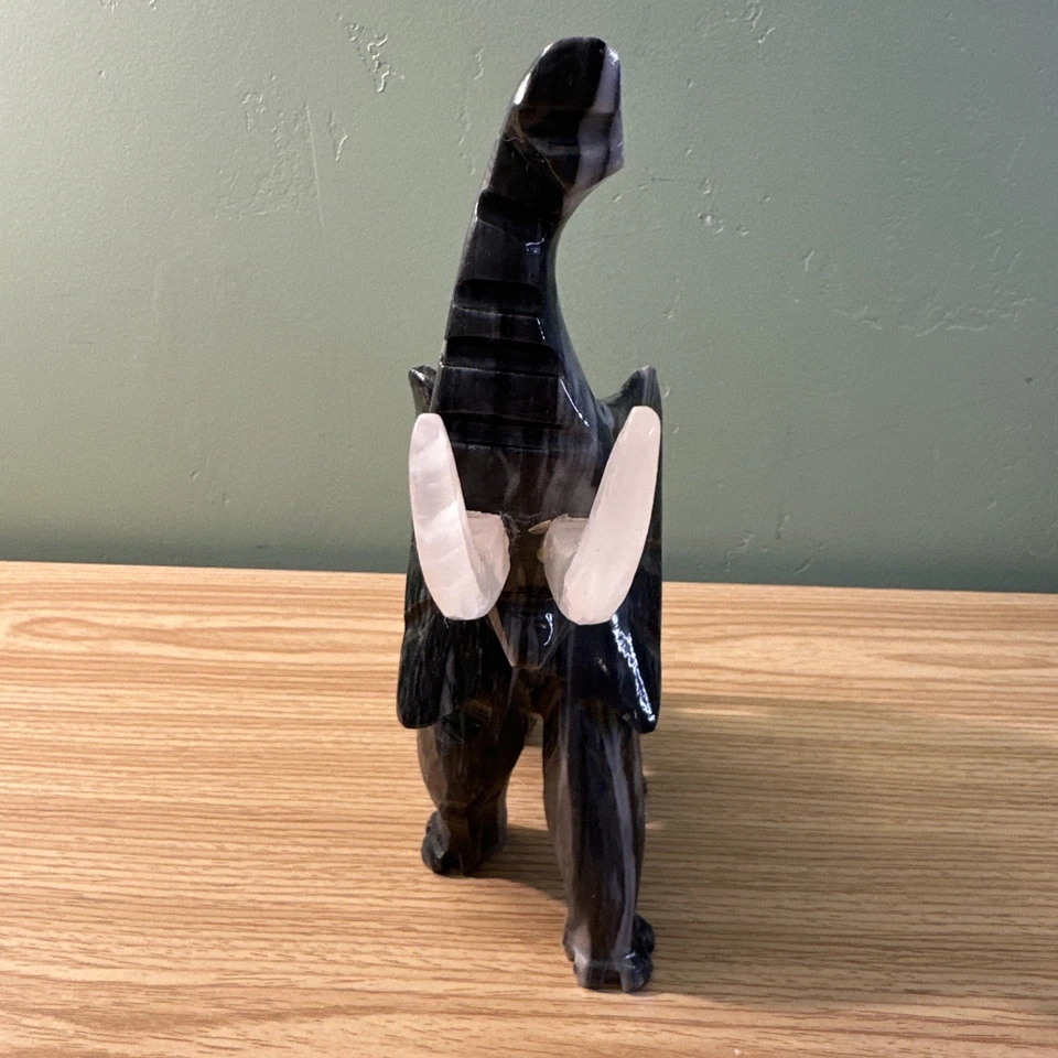 Black Onyx Marbled Hand Carved Elephant Figurine Statue Lucky Trunk Up 10x9”Hvy - Image 3 of 4