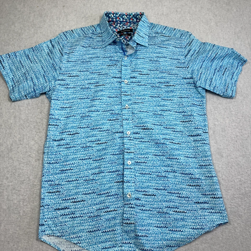 Bugatchi Shirt Mens Medium Blue Abstract Short Sleeve Button Up - Image 2 of 4