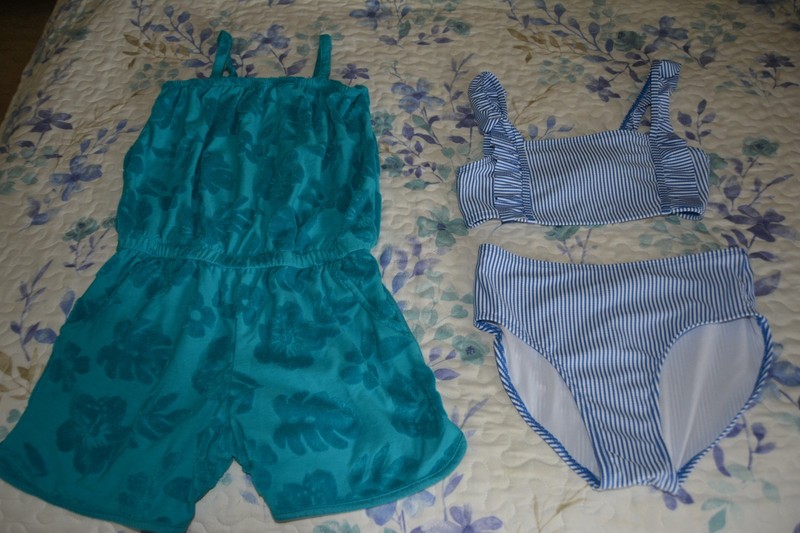 Girl's Cat & Jack Striped Bikini & Teal Cover-up Romper - Size XL (14)