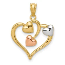 14k Yellow & Rose Gold with White Rhodium Three Hearts Pendant, 19mm