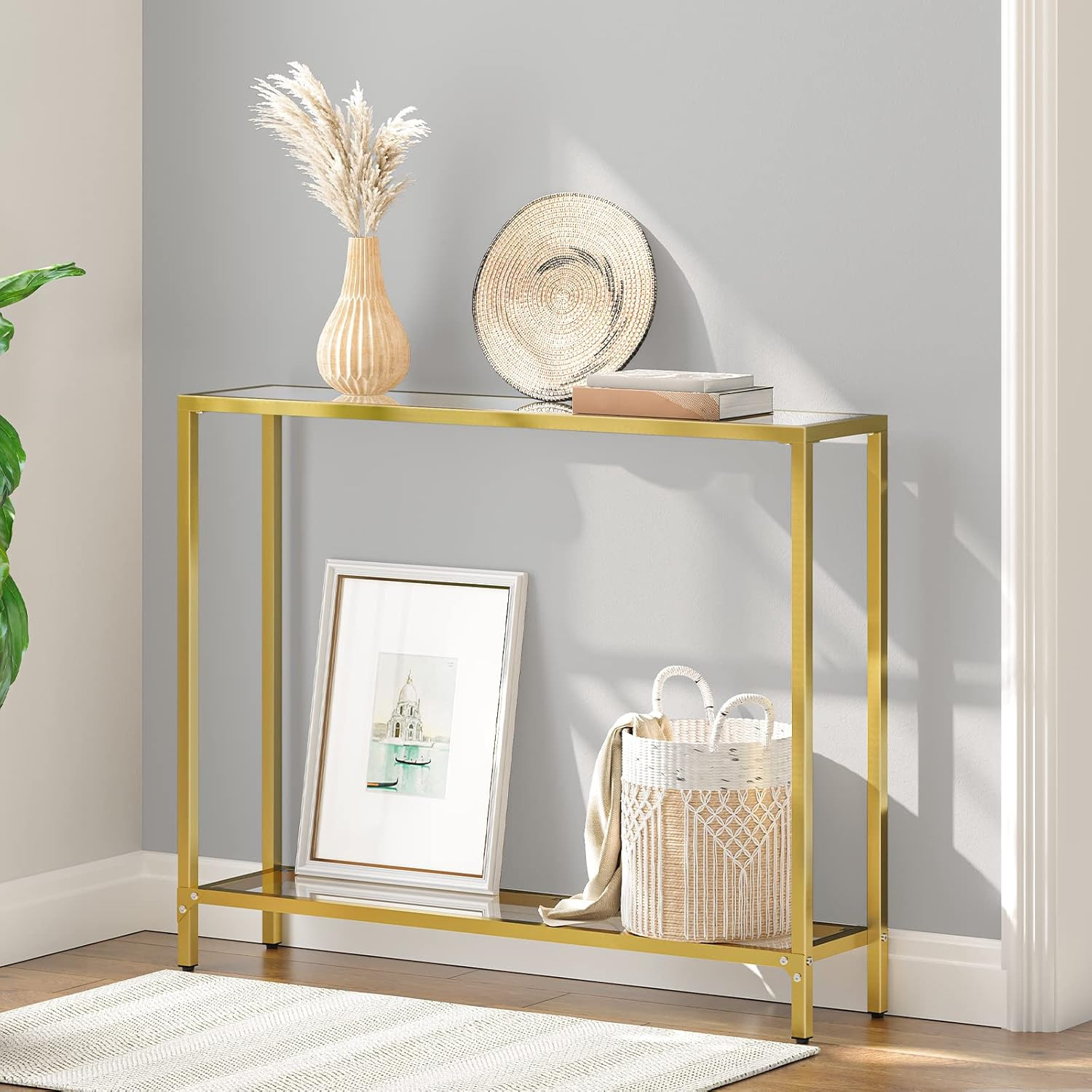 HOOBRO 39.4" Gold Console Table, Tempered Glass Sofa Modern 