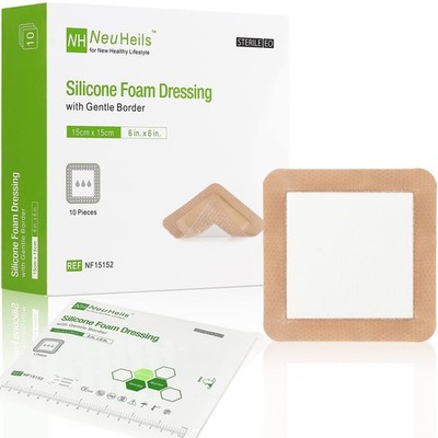 Silicone Adhesive Foam Dressing with Gentle Border 6''x6'', 10 Packs for Bed ...