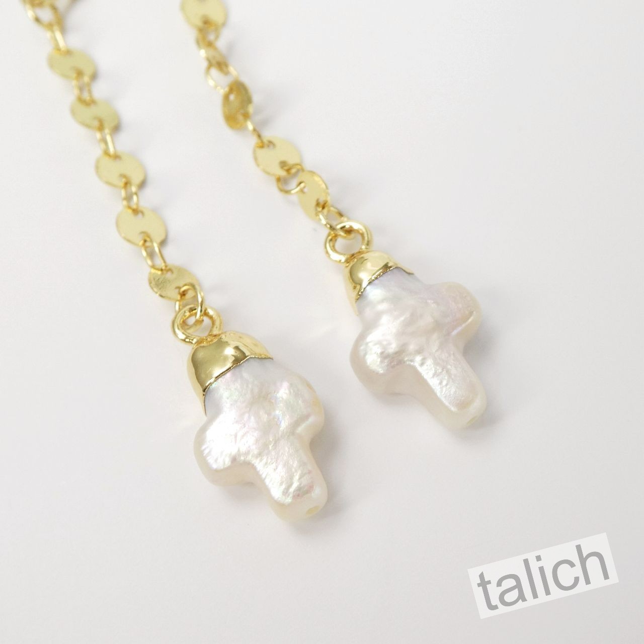 18K Gold Plated Small White Freshwater Pearl Cross Long Disc Chain Drop Earrings