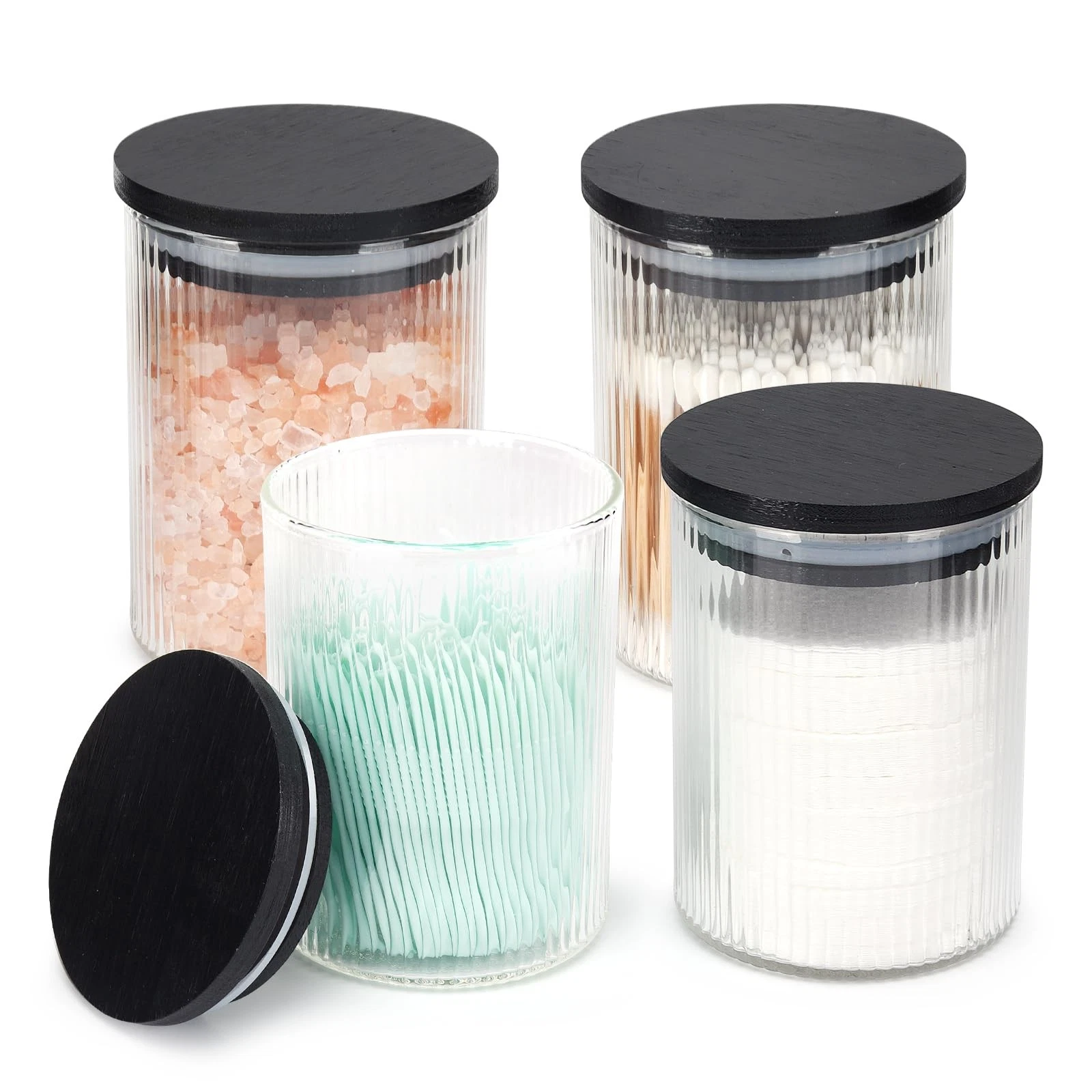 4 Pack Glass Qtip Holder Dispenser Set - Apothecary Jars with Lids for Vanity...