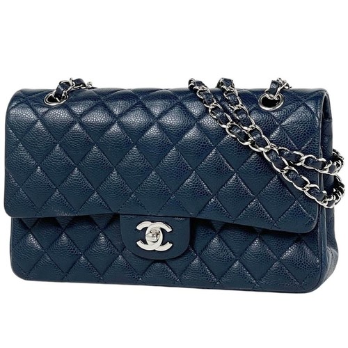 Chanel Double Flap Chain CC Mark Pebbled Calfskin Navy Shoulder Bag A011 #BS3162