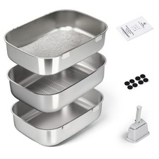 Triple Pan Stainless Steel Sifting Cat Litter Box, Large High Sided Metal Lit...