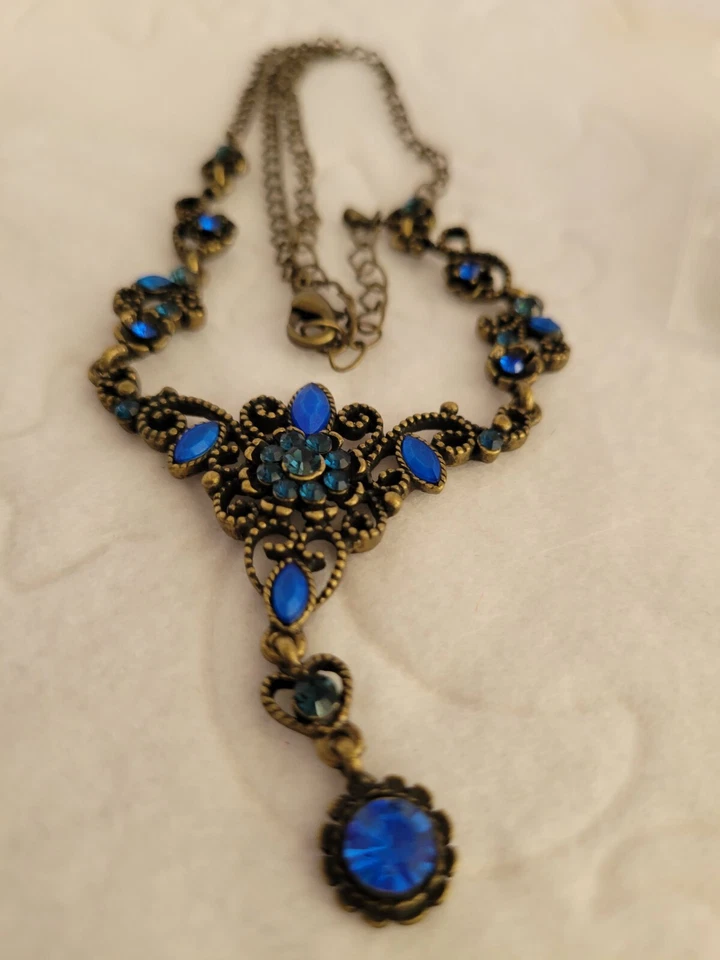 Collar 20" Pendientes Ajustables Perforados 11/4" Cuelga Azul Piedra Simulada  Foto 2 de 4