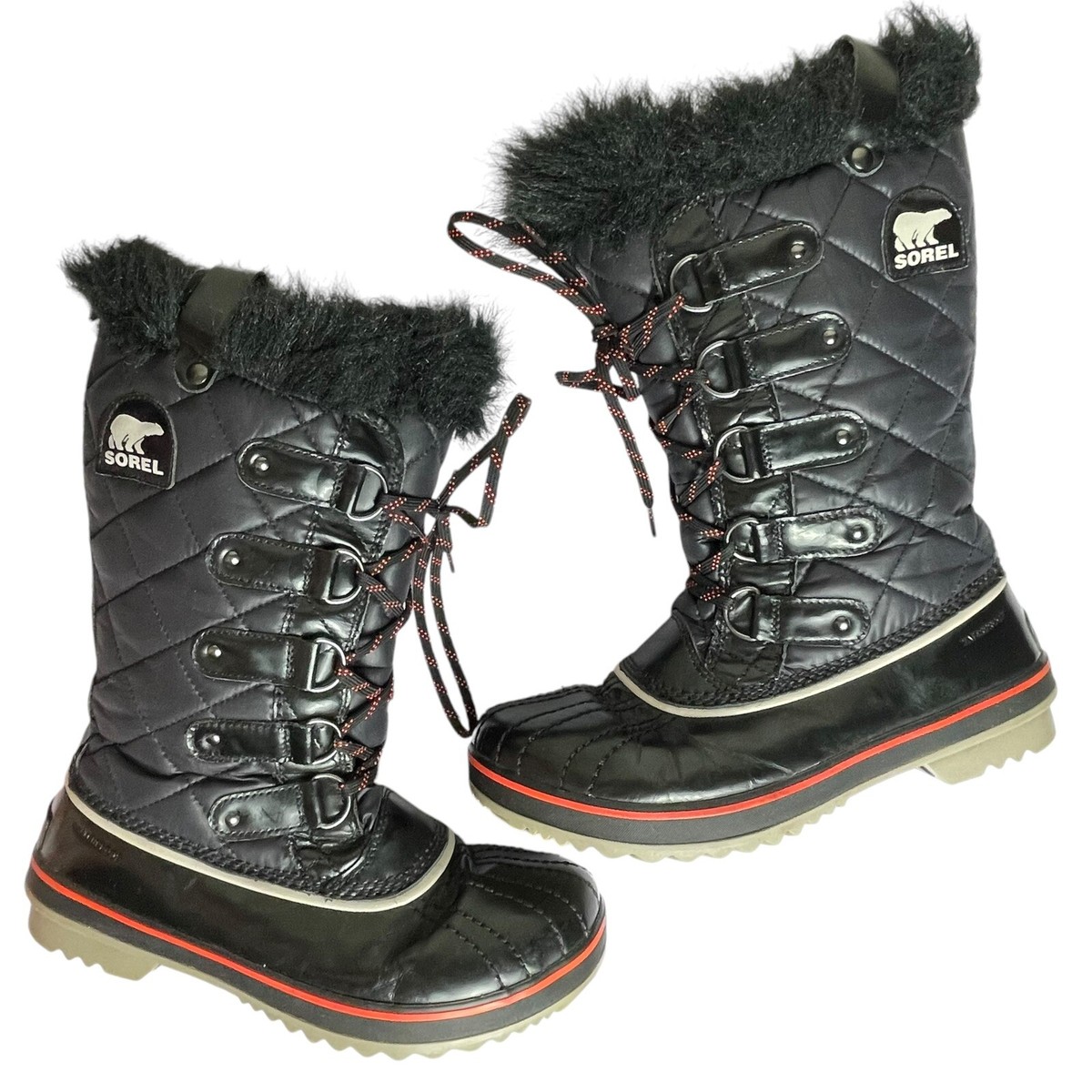 Sorel Tofino Womens Black Fur Trim Waterproof Quilted Upper Winter Boots  Size