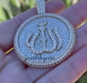 Authentic Men's 3.9 CT 100% Real Moissanite Allah Pendant 14K Yellow Gold Plated Silver