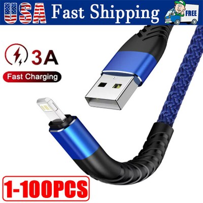 Braided Fast Charger Cable Heavy Duty USB lot Cord For iPhone 14 13 12 11 X XR 8
