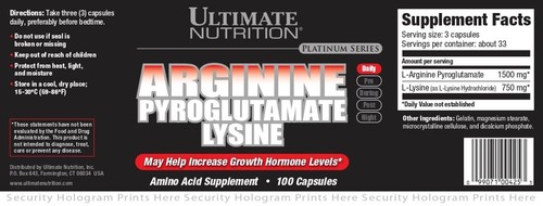 Ultimate Nutrition Arginine Pyroglutamate Lysine Nitric Oxide Precursor - Picture 3 of 3