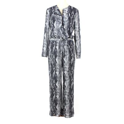 St. John Python Silk Jumpsuit Grey Black V Neck Long Sleeve Drawstring Waist 8