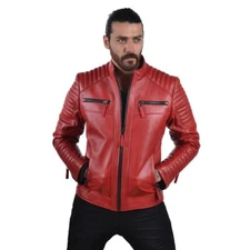 HOT! Men's Authentic RED Lambskin Leather Motorcycle Stylish Fashion Jacket