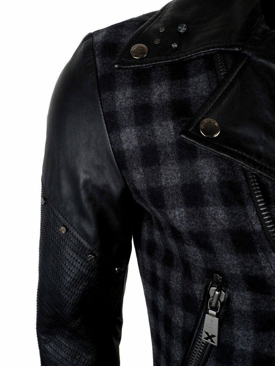 John Richmond ライダースジャケット New John RICHMOND X Jacket S 46 Wool Blend Leather Biker
