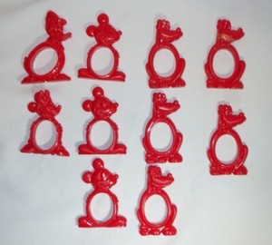 Ten (10) Vintage Plastic Disney WDP Mickey Minnie Donald Red Napkin Ring Holders