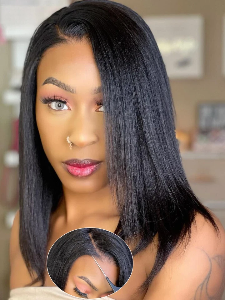 UNice Indian Yaki Straight Bob Wig Pre Cut HD Lace Front Human Hair Wig Glueless - Image 2 of 4