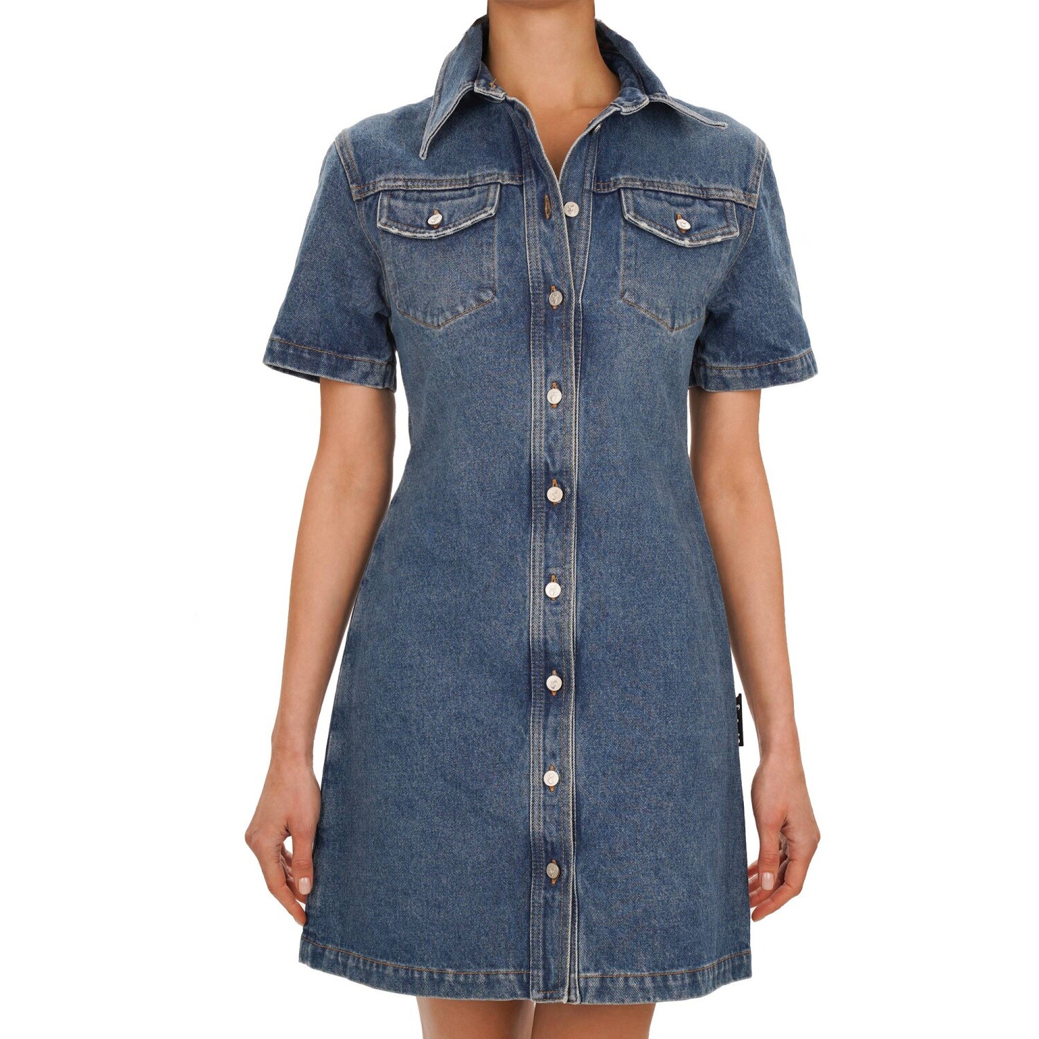 OFF-WHITE Virgil Abloh Logo Mini Jeans Shirt Denim Dress Blue 40 S