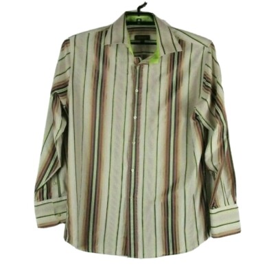 Roar Long Sleeve Button Up Shirt Men's XL Tan lime Green Striped 
