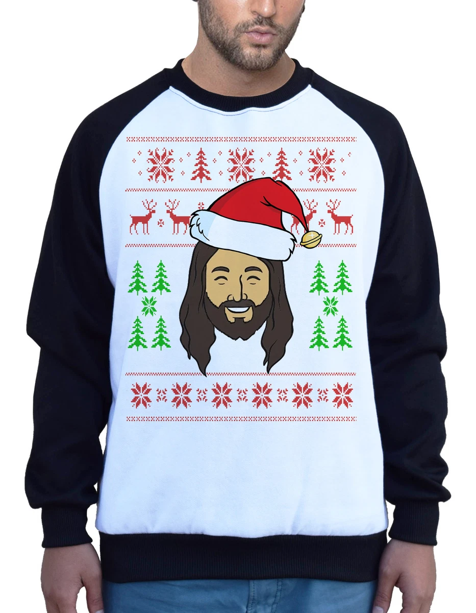 Men s Christmas Hat Jesus White Raglan Sweatshirt Ugly Sweater Santa Claus B1154