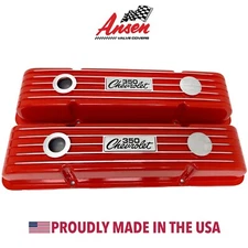 Small Block Chevy 350 Chevrolet Logo Classic Finned Red Valve Covers - Ansen USA
