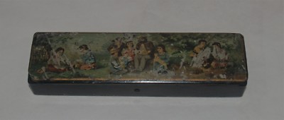 ANTIQUE VICTORIAN BLACK LACQUER PICTORIAL FAMILY PENCIL PEN WRITING CASE