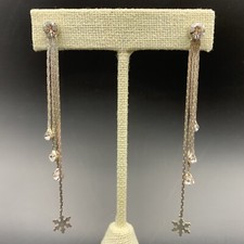 Long Snowflake Earrings Silver Tone Clear Rhinestone Dangle Chain Pierced