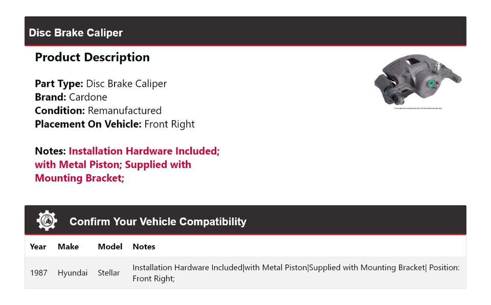 Pinza de freno de disco delantera derecha cardone Hyundai Stellar 1987 Foto 2 de 4